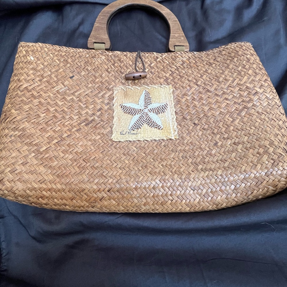 Brown Woven Tote Bag with Wooden Handles